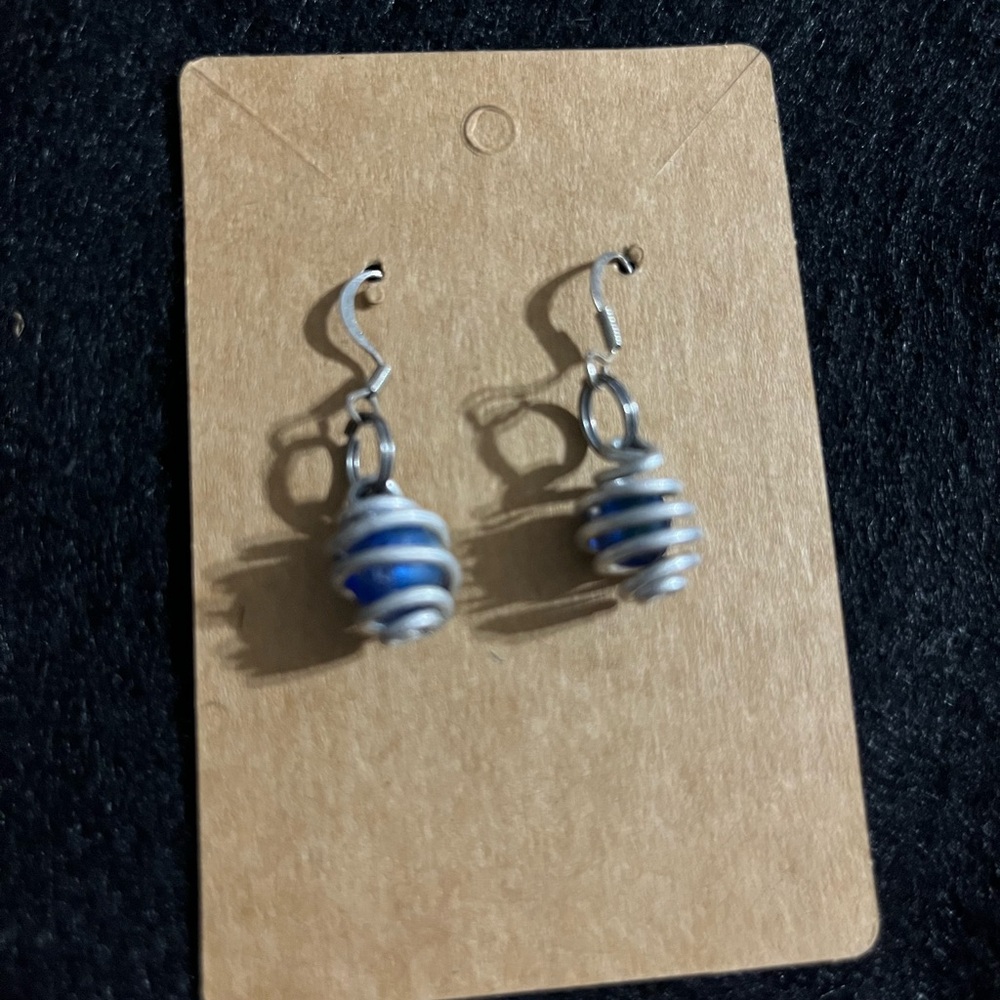 Elegant Silver Tone and Blue Bead Dangle Earrings